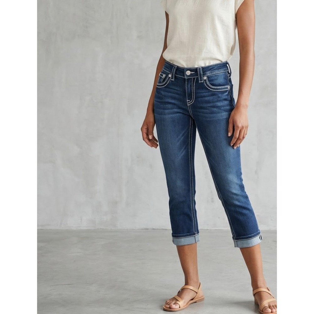 Miss Me Signature Cuffed Capri Dark Wash Embellished Western Denim Jeans 26